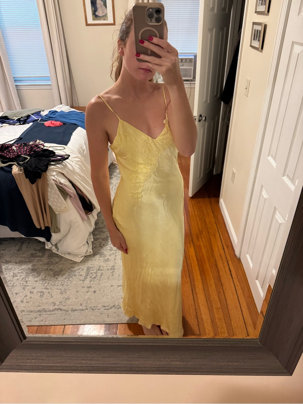Bardot Pale Yellow Satin Slip Maxi Dress with Lace